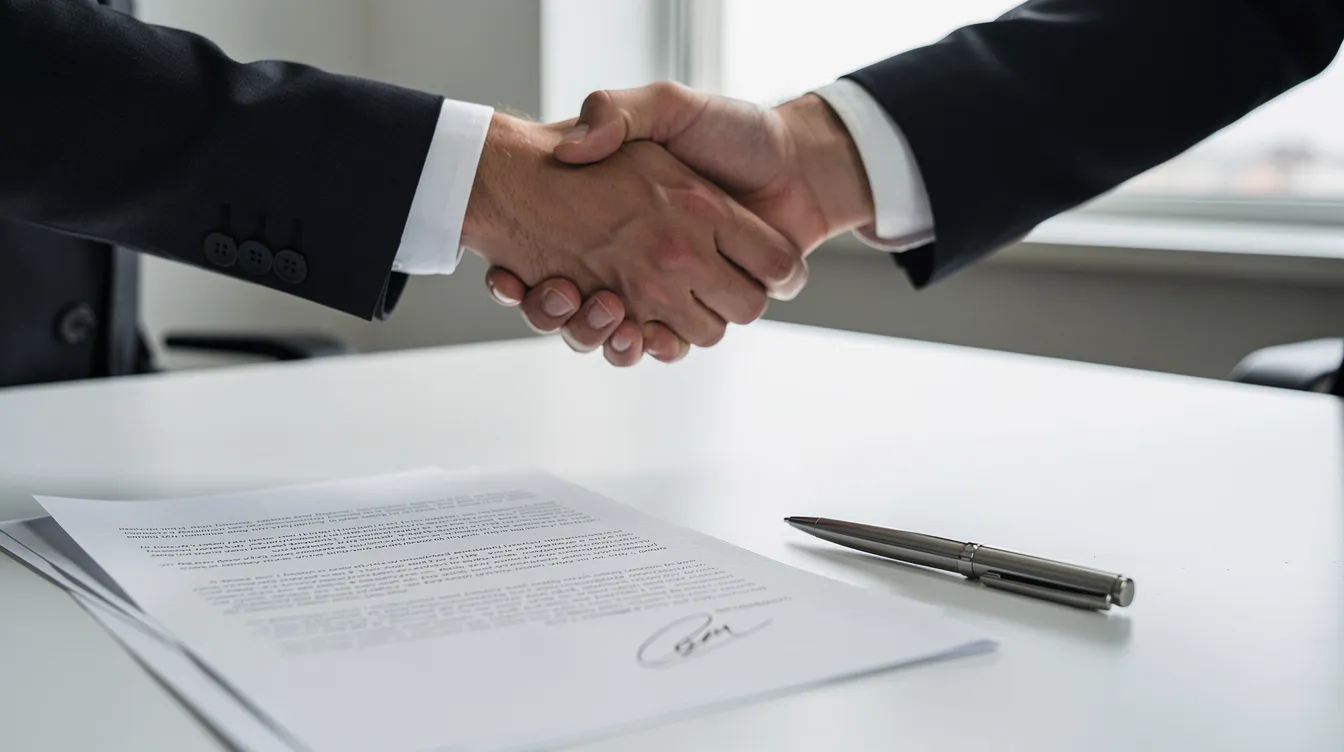 The image depicts a handshake over a desk where signed documents and a pen are visible, symbolizing a business transaction. This scene represents the completion of a sales process, often involving payment terms and a legally binding agreement between the parties involved.