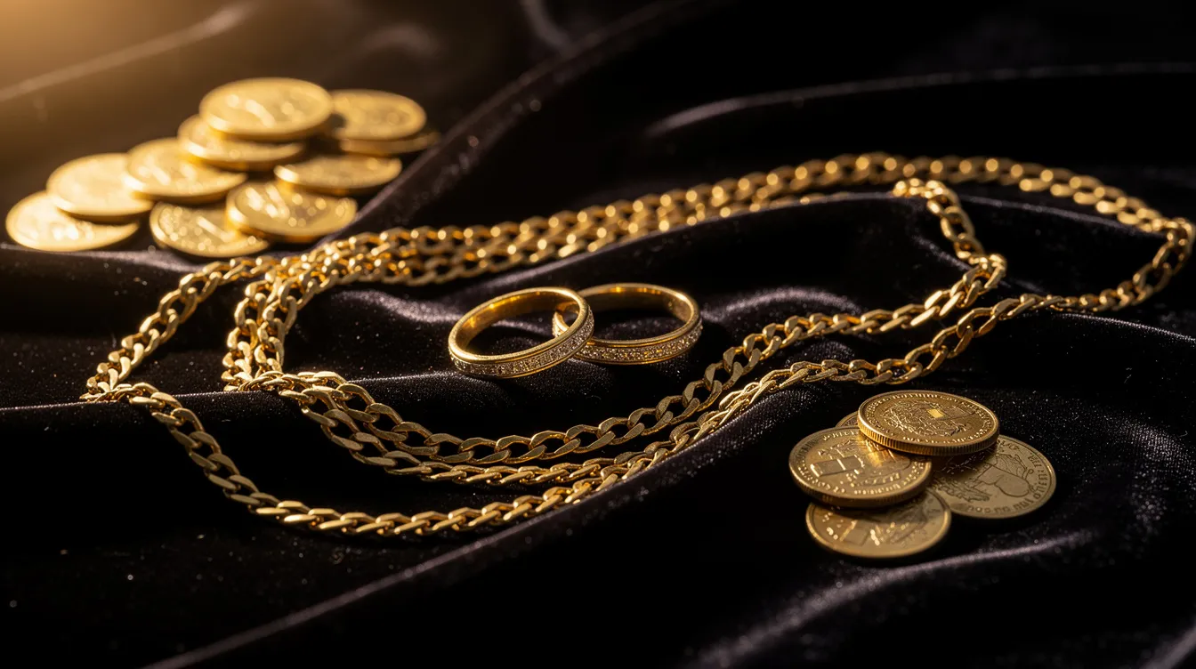 The image showcases a stunning collection of gold jewelry, including rings, chains, and coins, elegantly arranged on a dark velvet fabric. This display highlights the beauty and value of precious metals, making it an attractive sight for potential gold buyers and collectors.