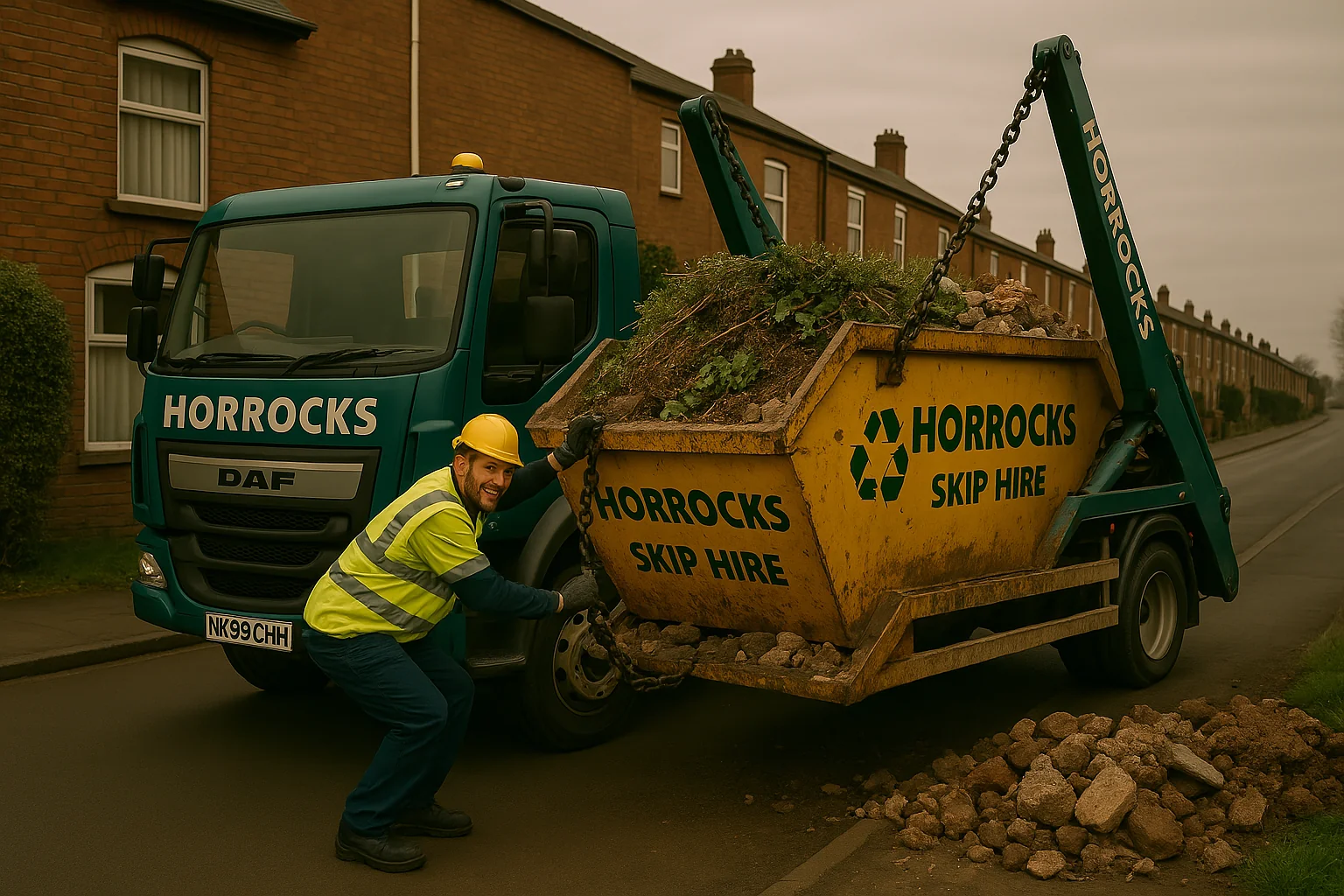 A waste collection worker securing a full skip onto a truck outside a UK home, ready for transport to a waste facility.