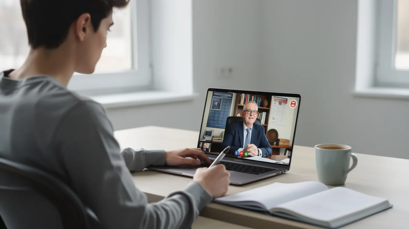 A student is participating in an online class via video conference, with their professor visible on the screen, highlighting the convenience and accessibility of online education for students enrolled in community college programs. This setup allows for flexible options in learning, enabling students to balance work and studies effectively.