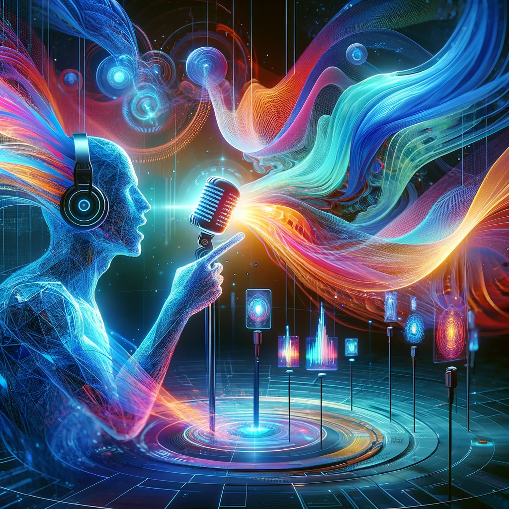 The image captures a dynamic scene where a human figure is speaking into a high-tech microphone, surrounded by colorful, fluid sound waves that change and morph to represent real-time voice modulation. The environment includes digital screens and holographic displays showing different voice frequencies and settings, set in a futuristic setting with ambient lighting in shades of blue and teal. This visual vividly conveys the versatility and instantaneous transformation of voice modulation technology.