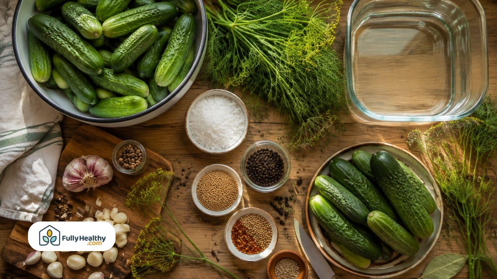 Fresh cucumbers dill garlic salt and spices for kosher pickles