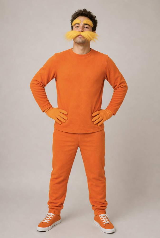 beloved Dr. Suess The Lorax Costume, lorax costume diy with intricately embroidered eyes, wide elastic straps, mustache and eyebrows and wide fingers