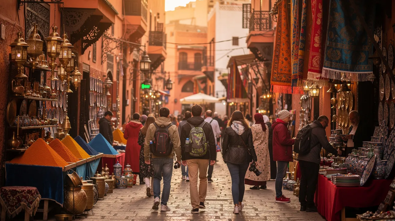 A bustling street in the Marrakech medina features travelers dressed in light jackets, navigating past vibrant market stalls filled with colorful goods. This scene captures the mild winter weather typical of Morocco in December, where daytime temperatures are relatively mild, making it an ideal time for visiting Morocco's imperial cities.