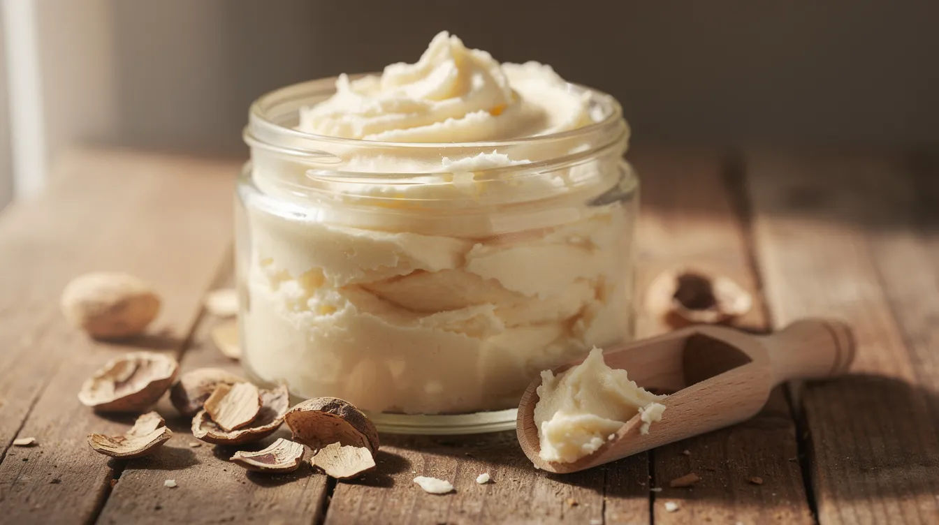 The image features a glass jar filled with fluffy, pale-gold whipped shea butter, resting on a wooden surface alongside raw shea nut pieces and a small wooden scoop. This rich moisturizer is ideal for sensitive and dry skin, showcasing the natural beauty of unrefined shea butter.
