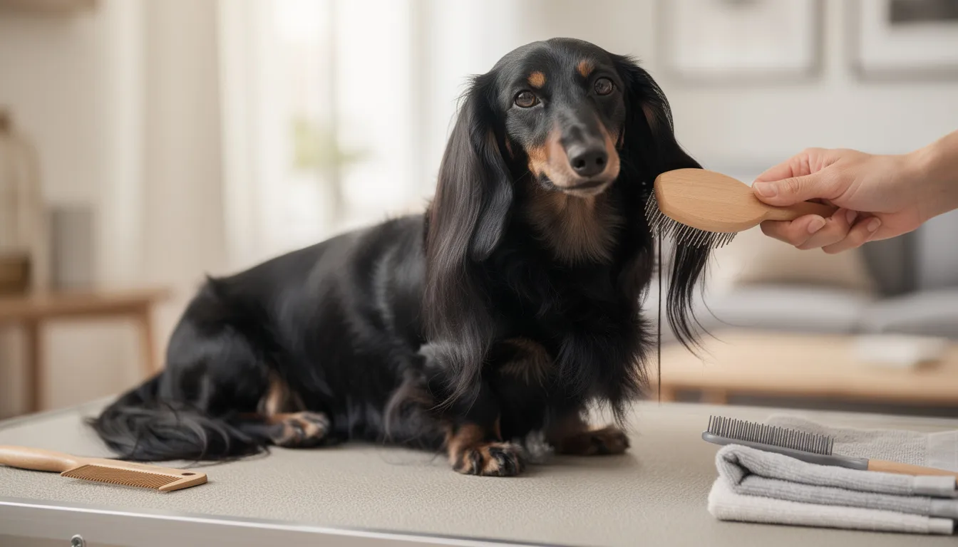 Na zdjęciu widać jamnika długowłosego o czarnej sierści, który jest czesany szczotką. Pielęgnacja sierści jamnika długowłosego jest istotna dla jego zdrowia i wyglądu.