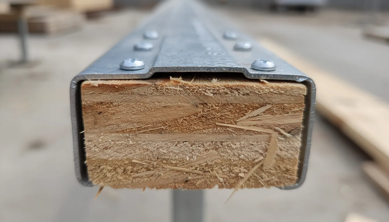 The image shows a close-up view of the end of a scaffold board, featuring a sturdy galvanised steel banding designed to enhance durability and prevent splitting. This high-quality timber scaffold board is suitable for construction projects, ensuring safety for workers while withstanding heavy loads.