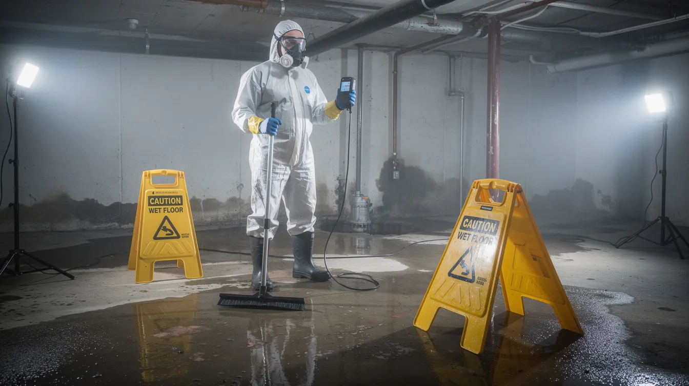 A restoration worker in protective gear is inspecting a wet basement area, which may be affected by water damage and mold growth. They are likely assessing the situation to begin the water damage restoration process, including water extraction and mold remediation, to prevent further damage to the property.