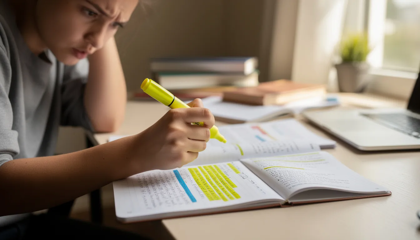 A thoughtful person is reviewing study notes with a highlighter, indicating their engagement in preparing for the Australian citizenship test. The scene reflects a commitment to understanding Australian values and history, essential for successfully passing the citizenship practice test.