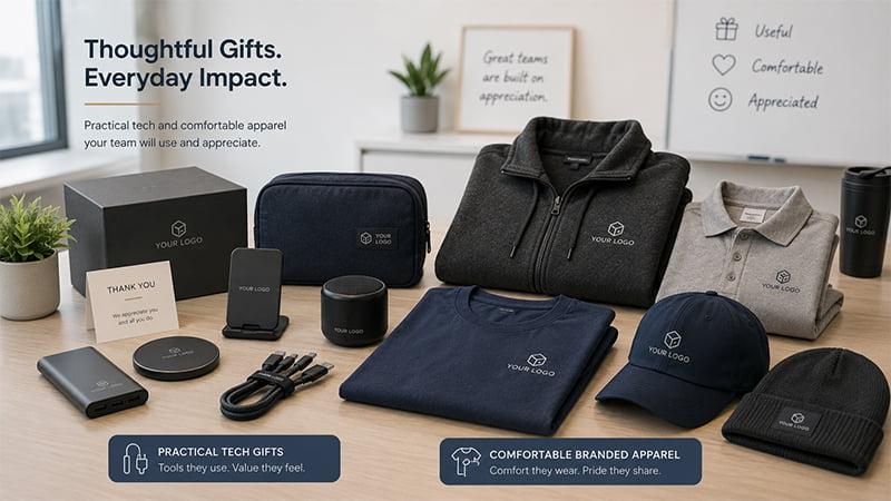 Practical tech gifts and comfortable branded apparel for employee appreciation, including charger, speaker, hoodie, polo shirt, cap and beanie