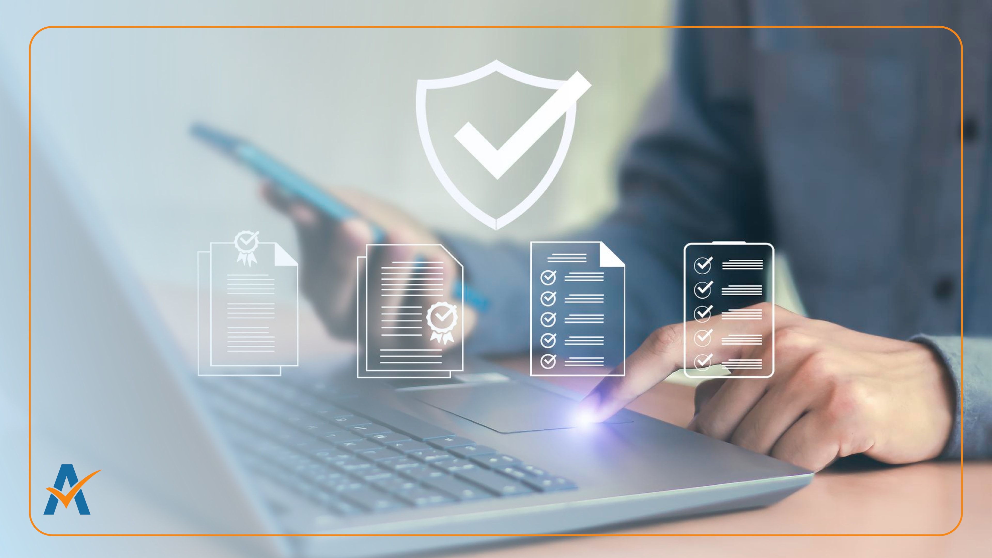 Laptop user with phone and icons symbolizing data privacy compliance and prior express written consent.