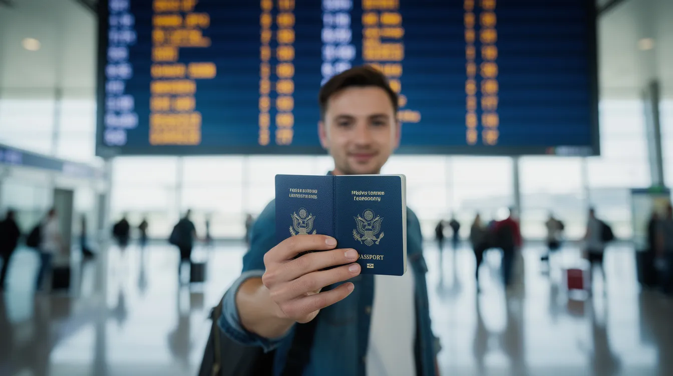 A person is holding a valid passport in front of an airport departure board, which displays various flight schedules. This image highlights the importance of having the correct travel documents and verifying travel plans before embarking on a trip.