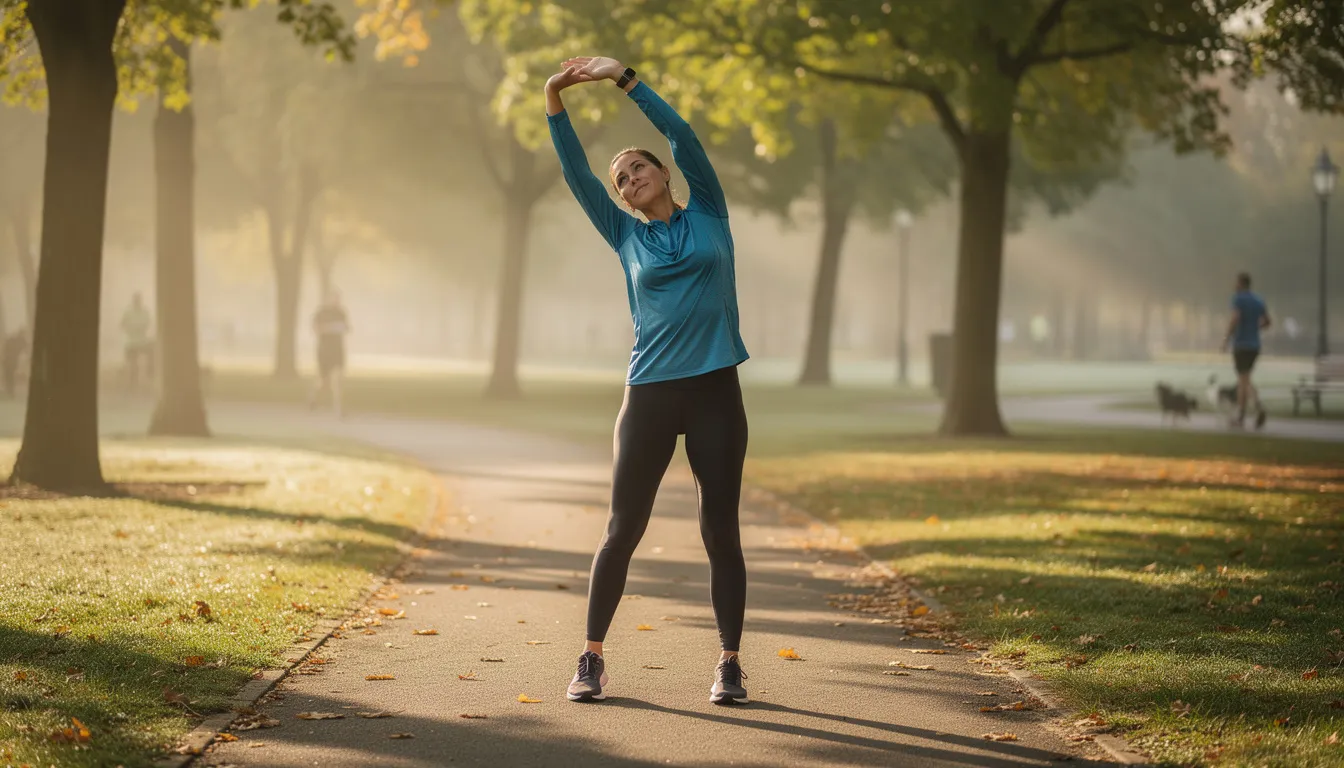 A person is calmly stretching in a park after a light morning run, embodying a healthy lifestyle and the benefits of regular exercise. This serene scene highlights the importance of physical performance and energy production, which many users of NMN supplements report feeling in their daily activities.