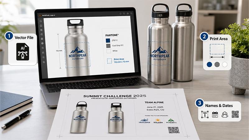 Artwork proof review for branded water bottles with vector file, logo size, print area, colors, names, and dates