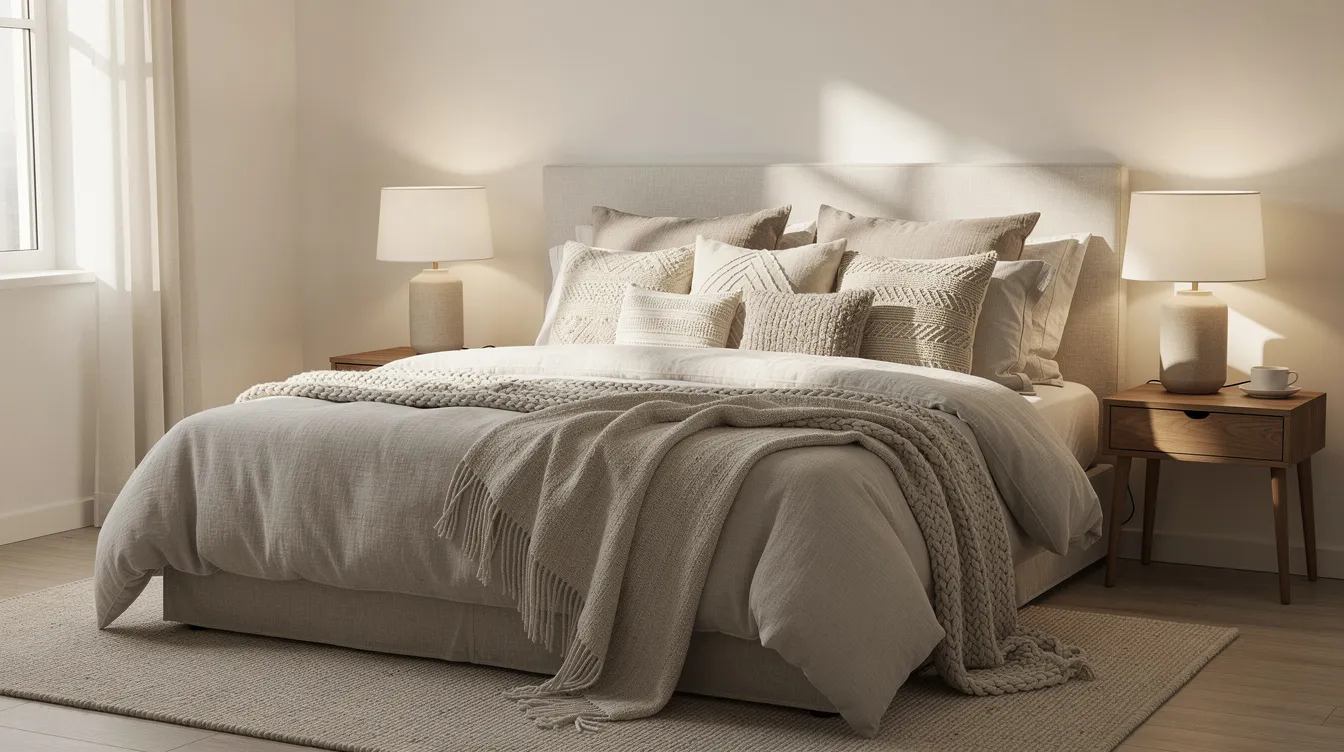 The image depicts a cozy bedroom featuring a queen bed adorned with neutral-toned bedding, including soft organic cotton sheets and layered throws, complemented by decorative pillows that enhance the inviting atmosphere. The overall design creates a tranquil space perfect for restful sleep.