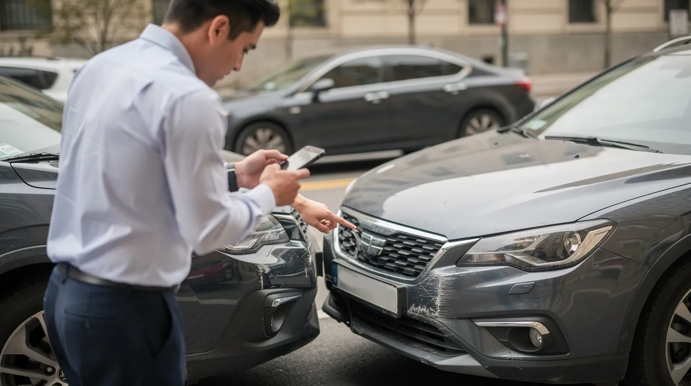 The image shows a person crouching down to take photographs of minor vehicle damage at an accident scene, possibly gathering evidence for a personal injury claim. This documentation is crucial for personal injury attorneys to help accident victims pursue justice and fair compensation.