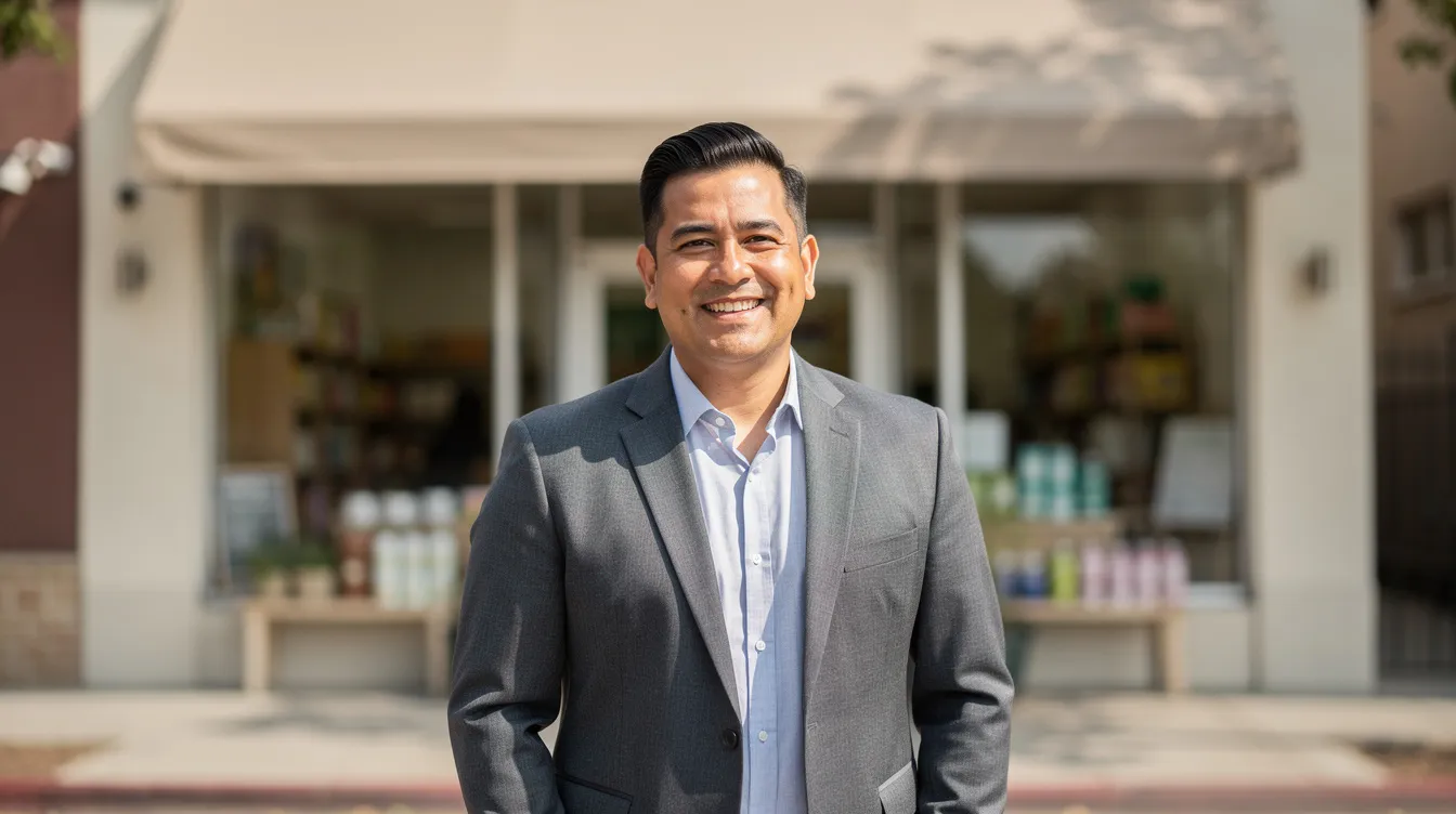 A smiling Latino small business owner stands confidently in front of their store a comment on success and optimism after securing capital funding. This person reflects the opportunities and growth that come from understanding the capital funding process and taking the right actions to protect their business.