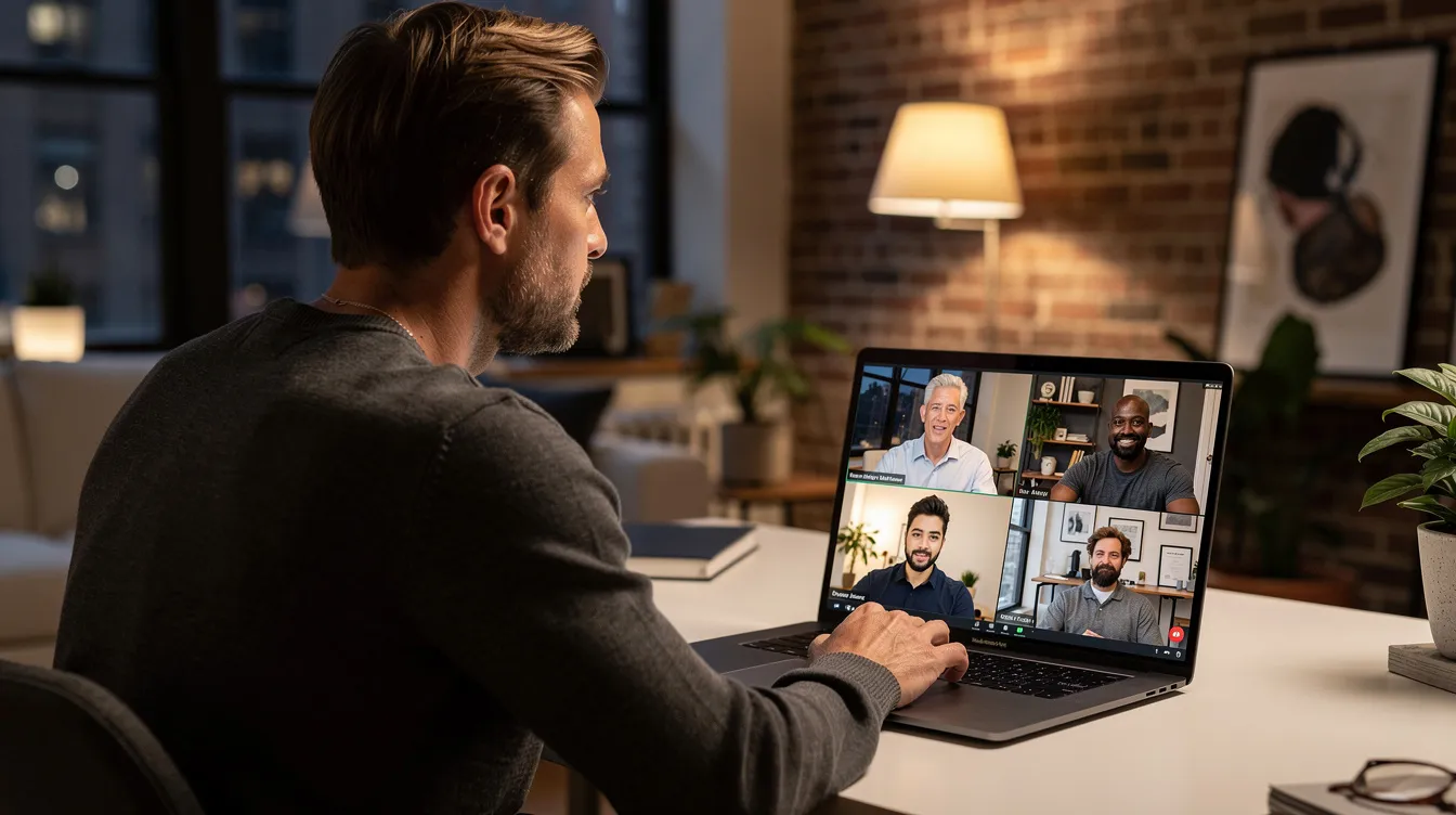 The image captures a handsome man in his late 30s, attentively participating in an online men's group therapy session from his modern Manhattan home office. The scene features a Zoom grid of six diverse group members, all engaged in a supportive environment, highlighting meaningful connections and emotional resilience among affluent professionals.