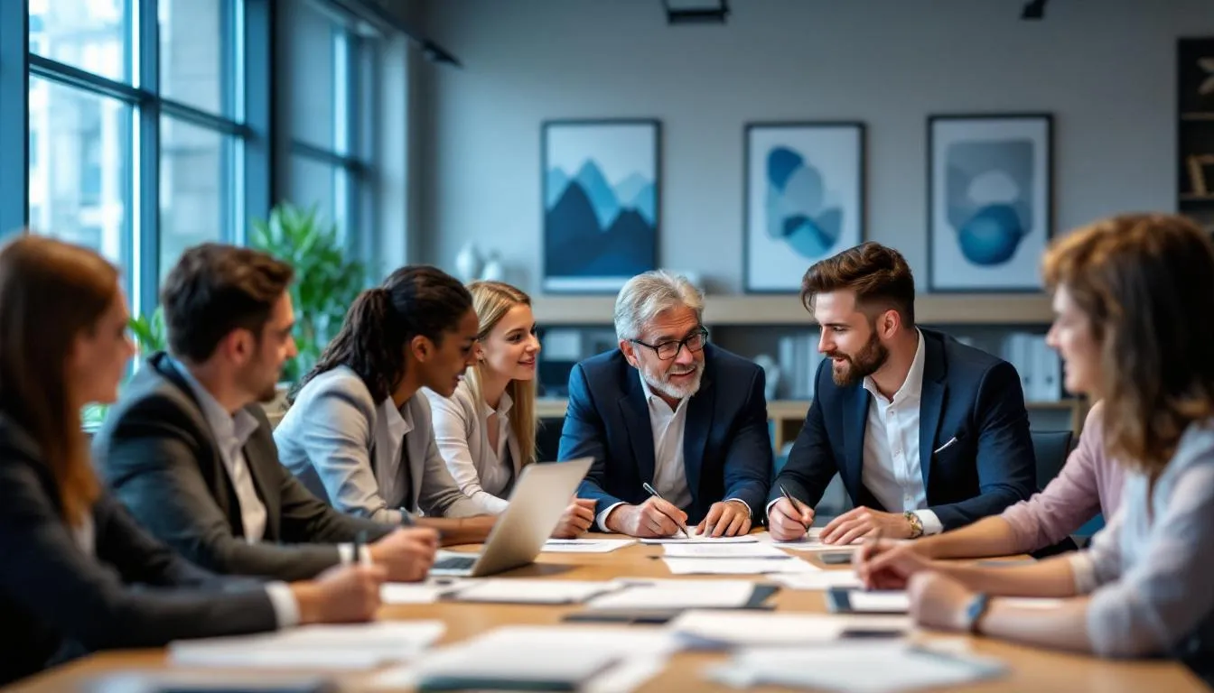 In der Abbildung sind Mitarbeiter zu sehen, die angeregt über freiwillige Betriebsvereinbarungen diskutieren, während sie die Rechte und Pflichten im Arbeitsverhältnis erörtern. Diese Diskussion zeigt die Mitbestimmung des Betriebsrats und die Einigung zwischen Arbeitgeber und Betriebsrat zu wichtigen Themen im Betrieb.