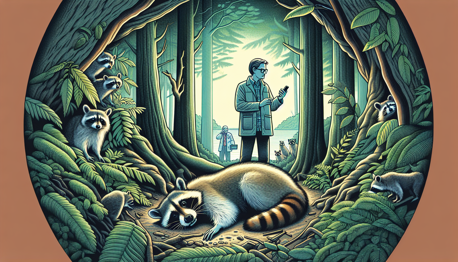 Illustration of a person reporting a dead raccoon