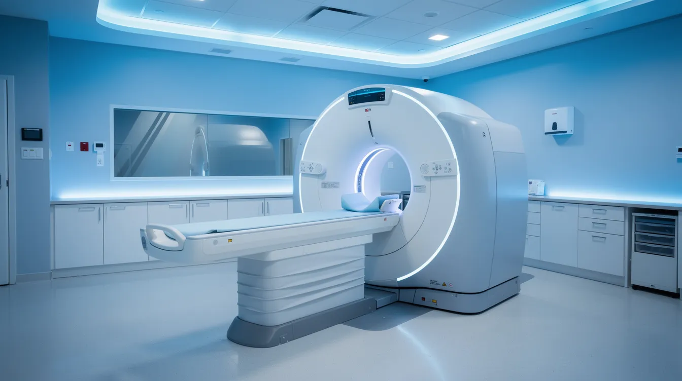 dab52855 505e 4056 ad6b de9f6609f519 A modern MRI machine is positioned in a clean hospital room illuminated by soft blue ambient lighting, showcasing advanced medical imaging equipment designed for patient comfort and efficient diagnostic services. This setup reflects the future growth of healthcare delivery and the importance of imaging tests in the diagnosis of chronic diseases.