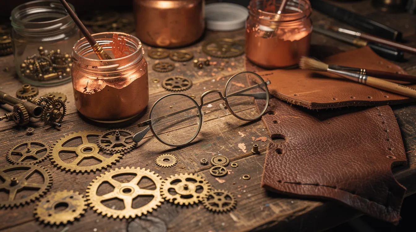 Die Werkbank ist mit verschiedenen Steampunk-Bastelmaterialien dekoriert, darunter Zahnräder, kupferfarbene Lederstücke und eine alte Brille. Diese Elemente verkörpern den retro-futuristischen Stil des Steampunk und laden zur kreativen Gestaltung von Kostümen und Accessoires ein.
