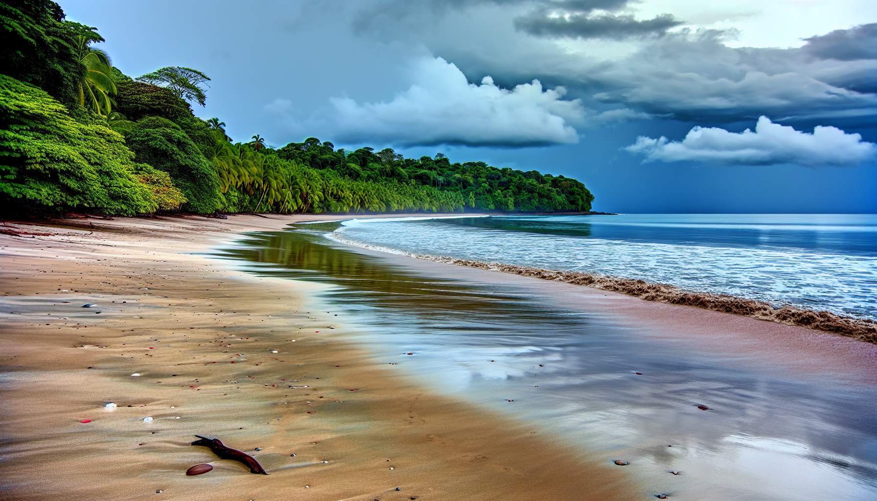 Quiet beach with fewer tourists during rainy season in Costa Rica