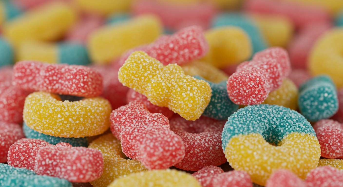 A pile of sugar-coated Swedish gummies in fun shapes with visible sweet and sour crystals