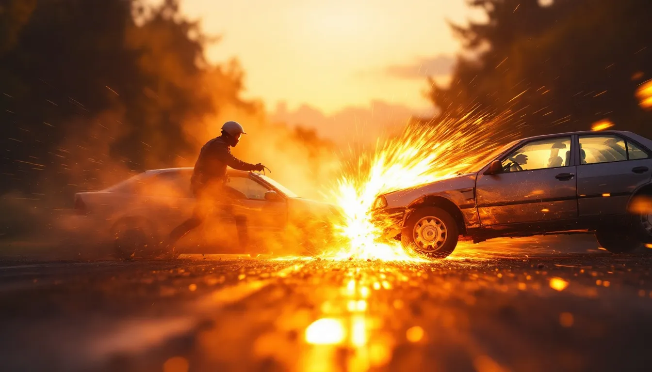 An illustration depicting a hit and run accident scene with blurred vehicles.