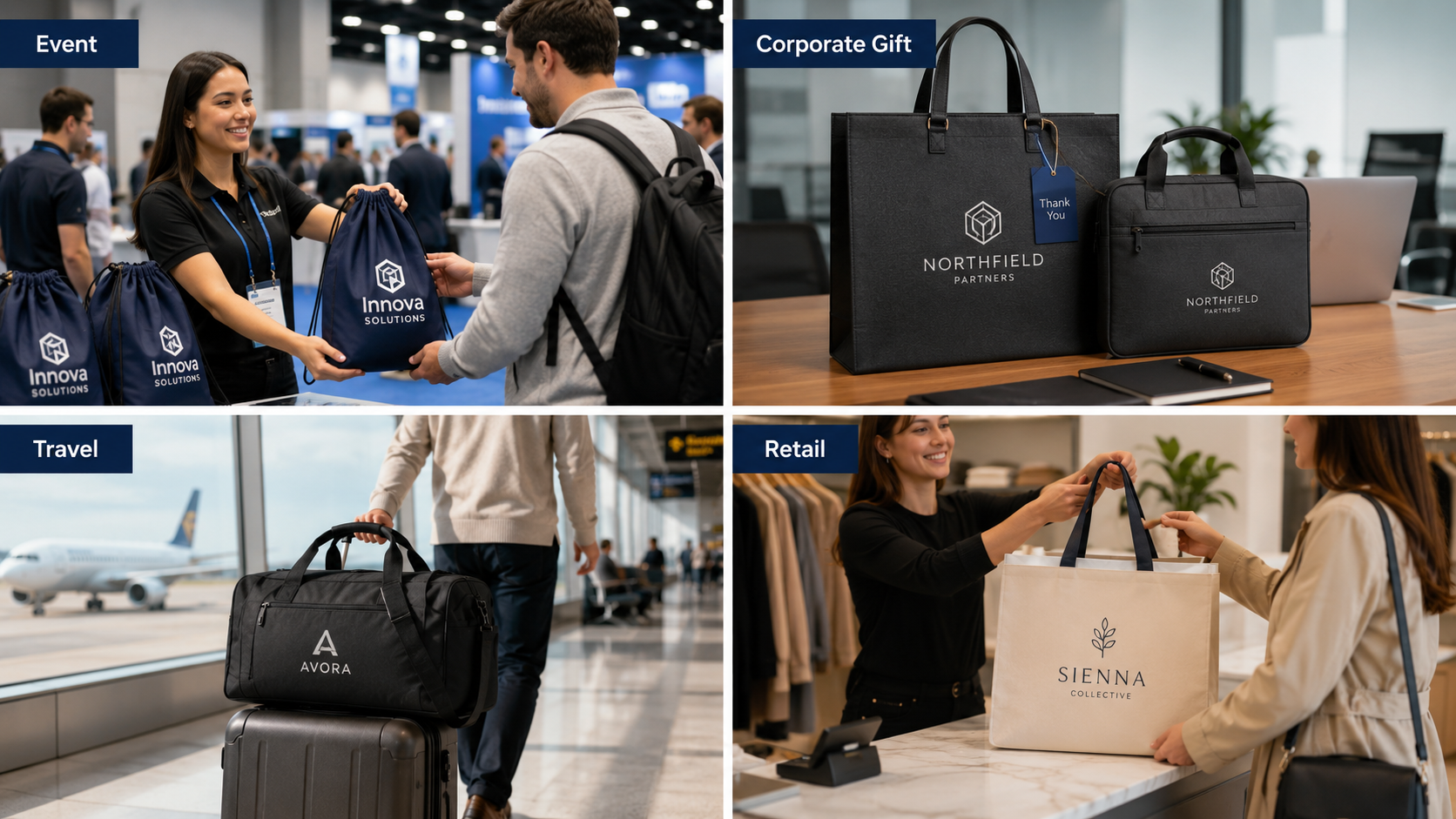 Custom bag types for events, corporate gifts, travel, retail packaging, and hotel use