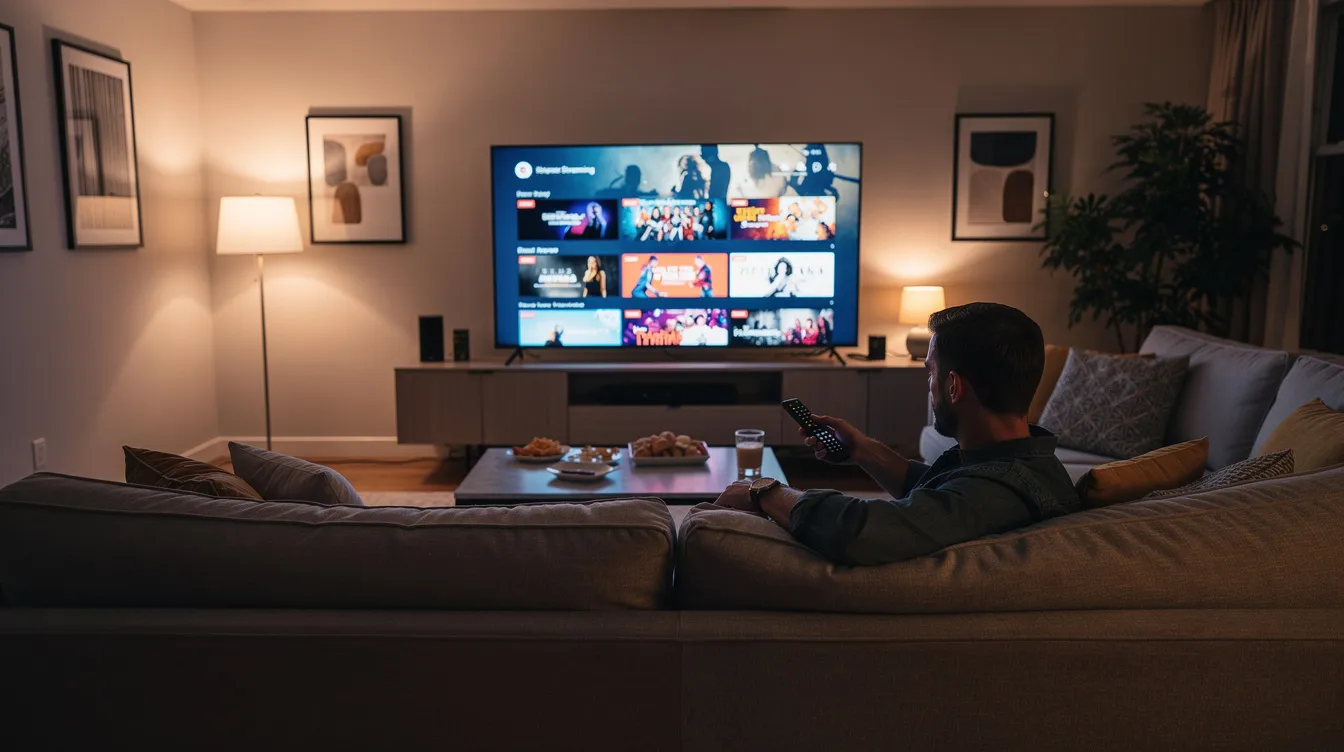 A person is comfortably seated in a living room, watching streaming entertainment on a smart TV, enjoying premium entertainment with smooth streaming and high-definition picture quality. The scene conveys an inviting atmosphere for accessing the latest movies and live TV channels through an IPTV service, highlighting the convenience of watching on multiple devices.