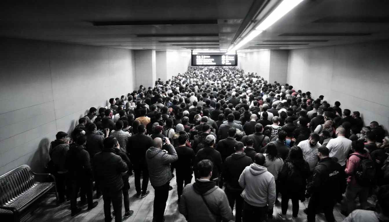 The image depicts a crowded subway platform during rush hour, showcasing a high population density where many people are in close contact, increasing the risk of infectious diseases spreading. The scene highlights the importance of disease control measures, as crowded environments can facilitate the transmission of various infections.