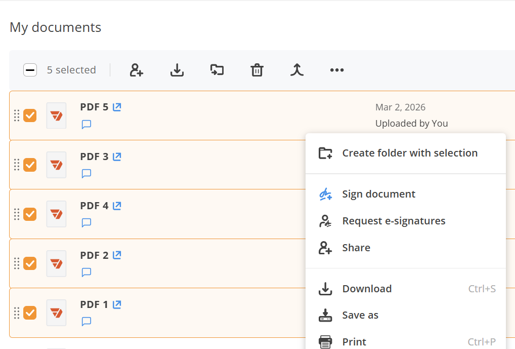 pdfFiller My Documents screen showing multiple selected PDFs with batch action options including download, save as, print, share, and request e-signatures.