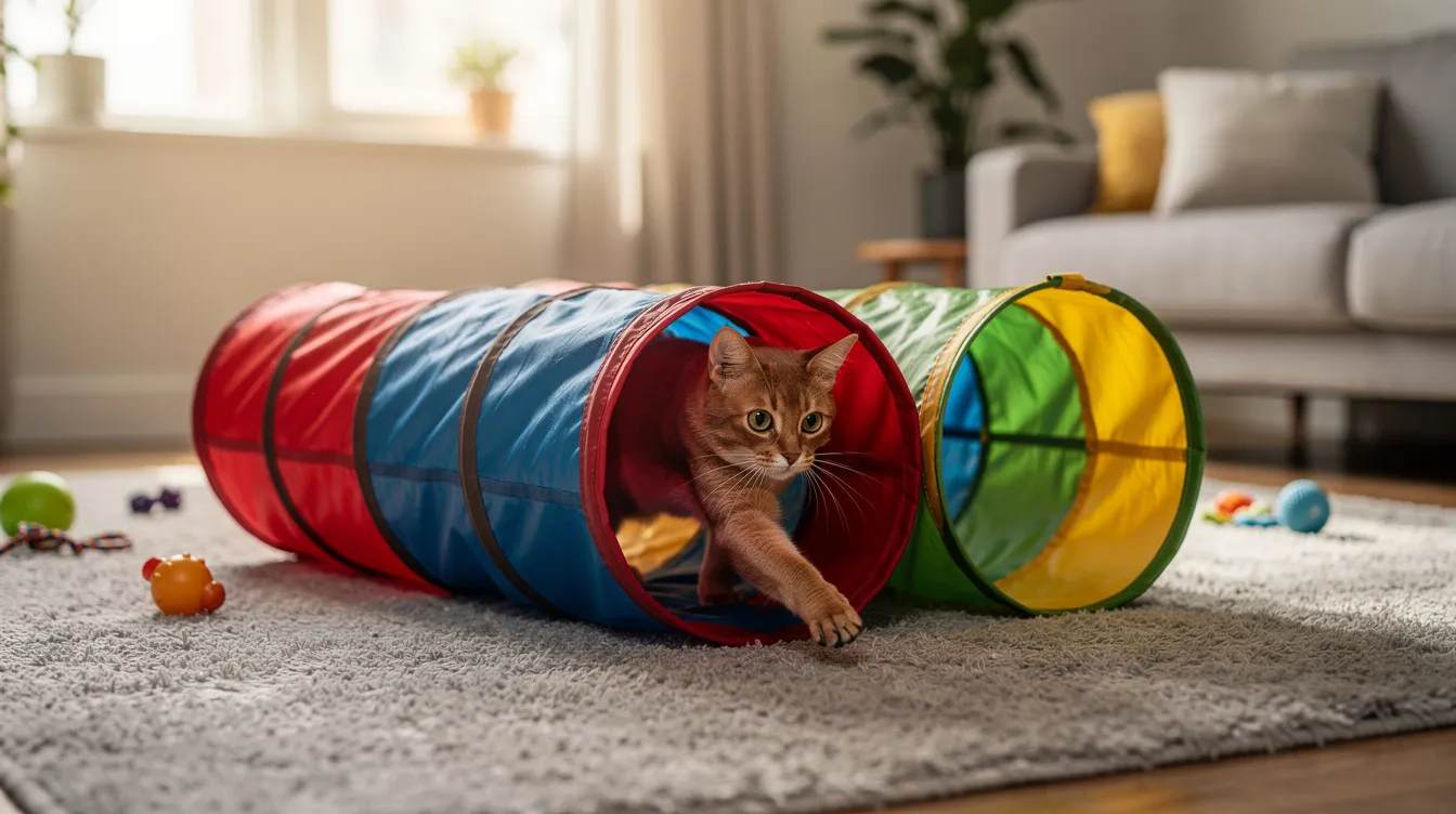 A playful indoor cat is joyfully exploring a colorful foldable cat tunnel, engaging in peekaboo and chase play in a cozy modern home setting. The tunnel features openings for hiding and ambushing, providing the perfect space for fun and exploration during playtime.