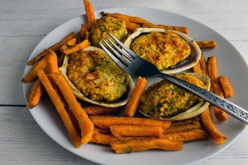 Plate of stuffies with sweet potato fries