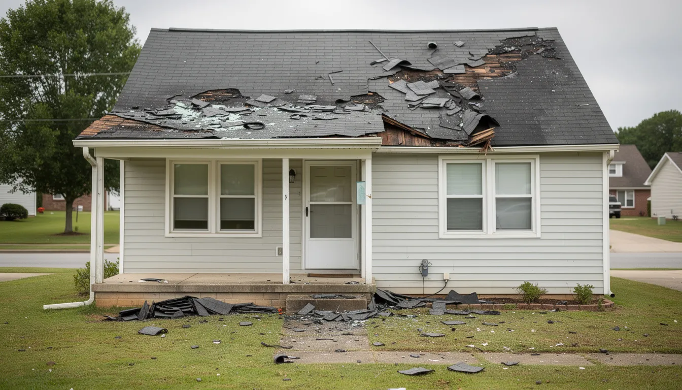 The image depicts a residential home exterior featuring a damaged roof with missing shingles, indicating a need for roof repairs. Debris scattered in the yard suggests potential storm damage and highlights the importance of regular roof inspections to prevent further issues like a leaky roof.