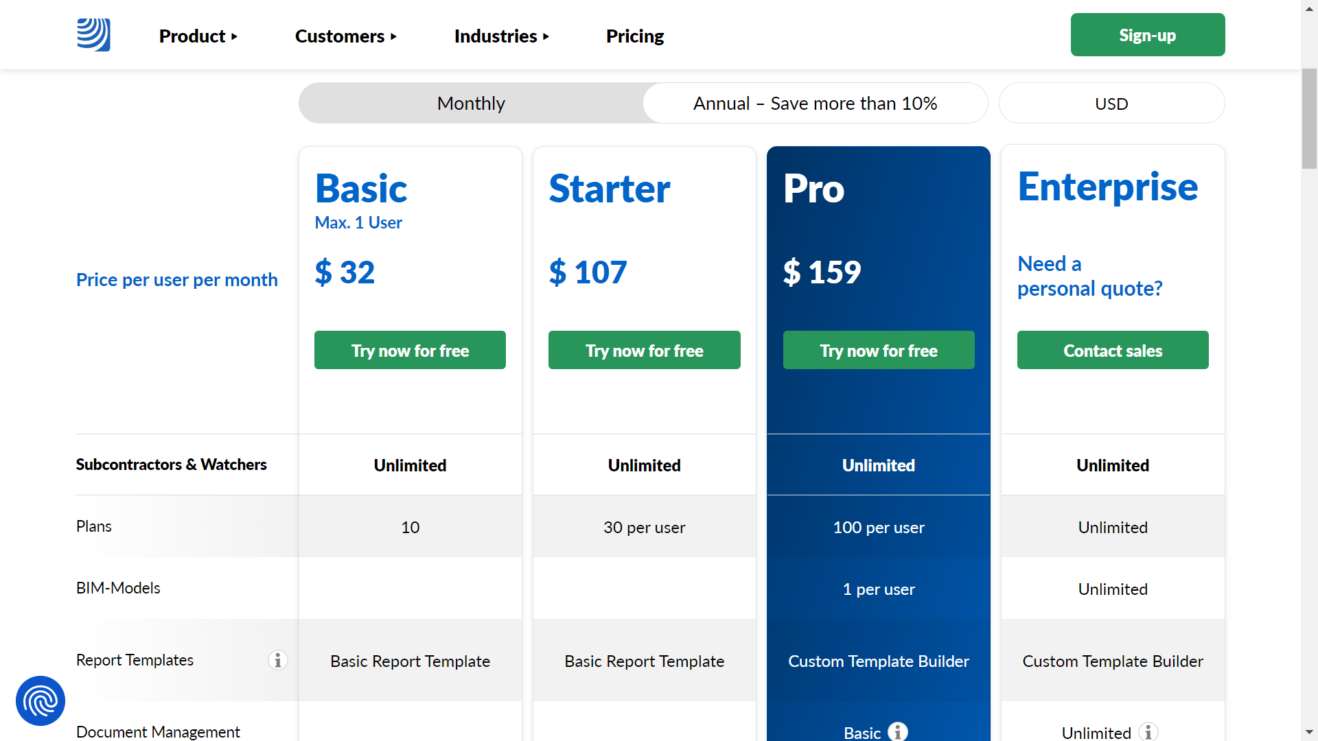 PlanRadar's pricing page as of 2023.