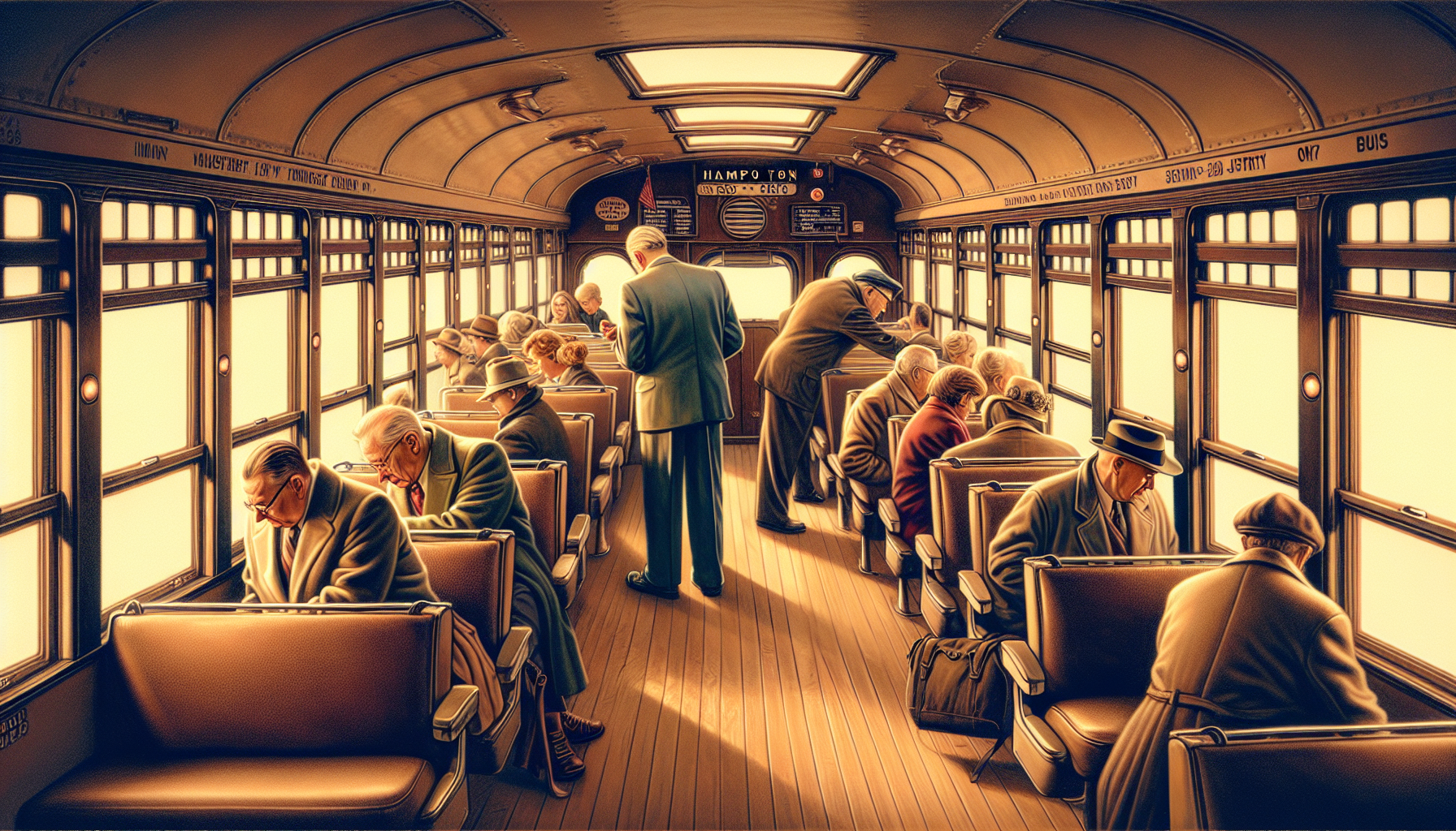 Artistic rendering of passengers choosing their seats on the Hampton Jitney bus