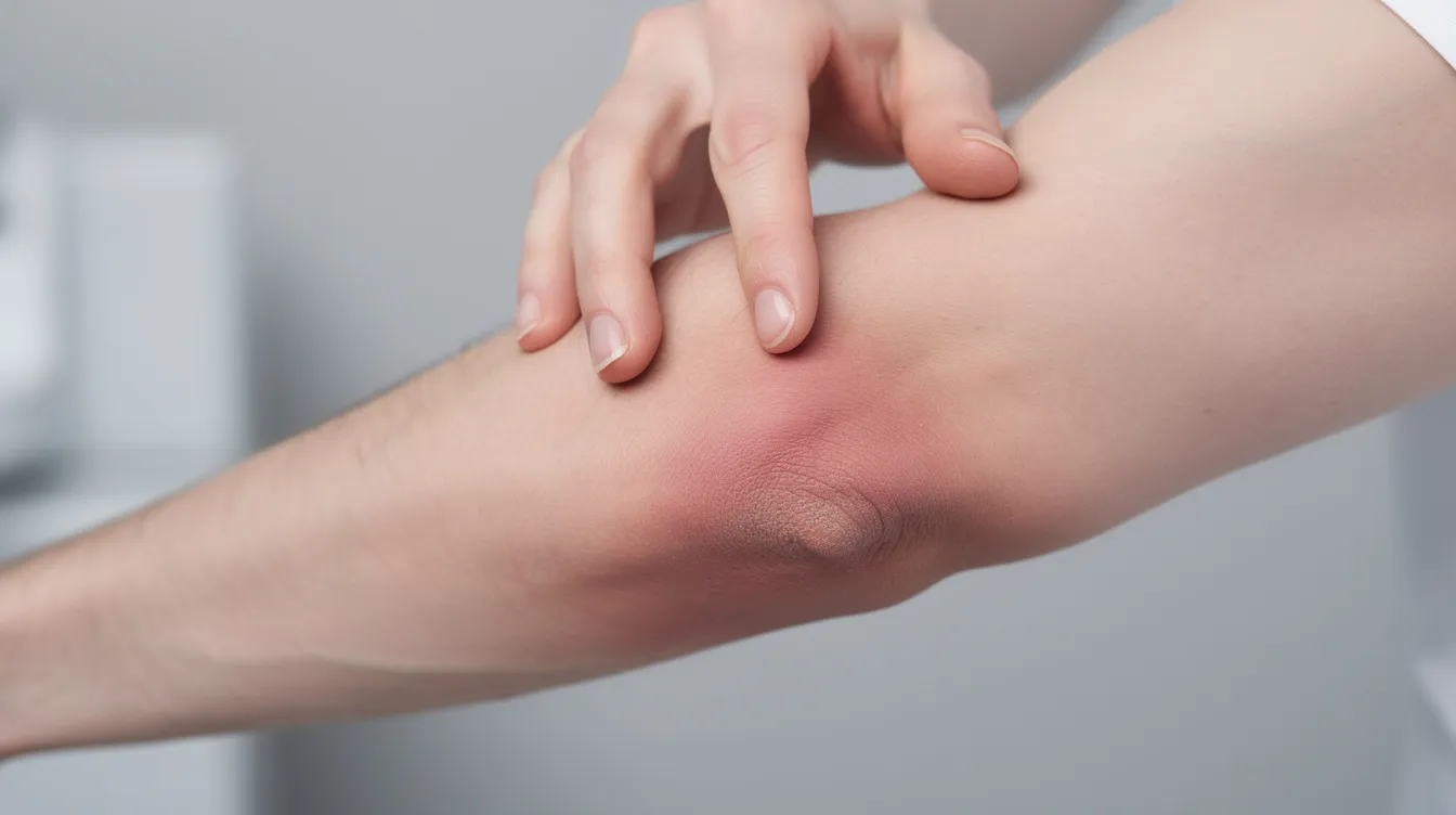 Eine Nahaufnahme eines Ellenbogens zeigt eine deutliche Schwellung, während eine Hand vorsichtig die betroffene Stelle abtastet. Diese Symptome könnten auf eine Schleimbeutelentzündung (bursitis olecrani) hindeuten, die oft durch Überlastung oder Verletzungen verursacht wird.