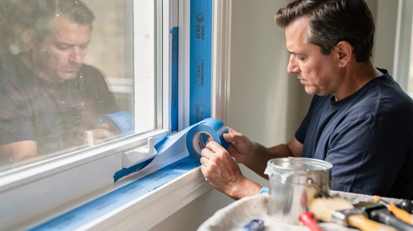 A professional painter is carefully applying protective masking tape around window frames to prepare for an exterior paint job. This thorough preparation is essential for ensuring clean lines and a quality finish in the painting services provided.