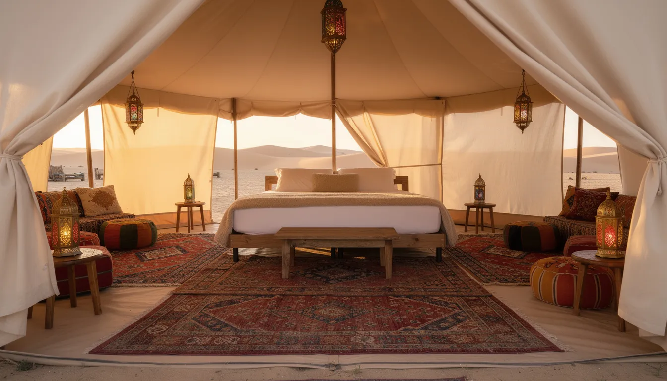 The image depicts the interior of a luxury desert tent, featuring twin beds with comfortable bedding, ornate Moroccan lanterns casting a warm glow, and colorful decorative rugs that add vibrancy to the space. This luxurious setting offers modern comfort in the heart of the desert, perfect for guests seeking a unique desert experience.