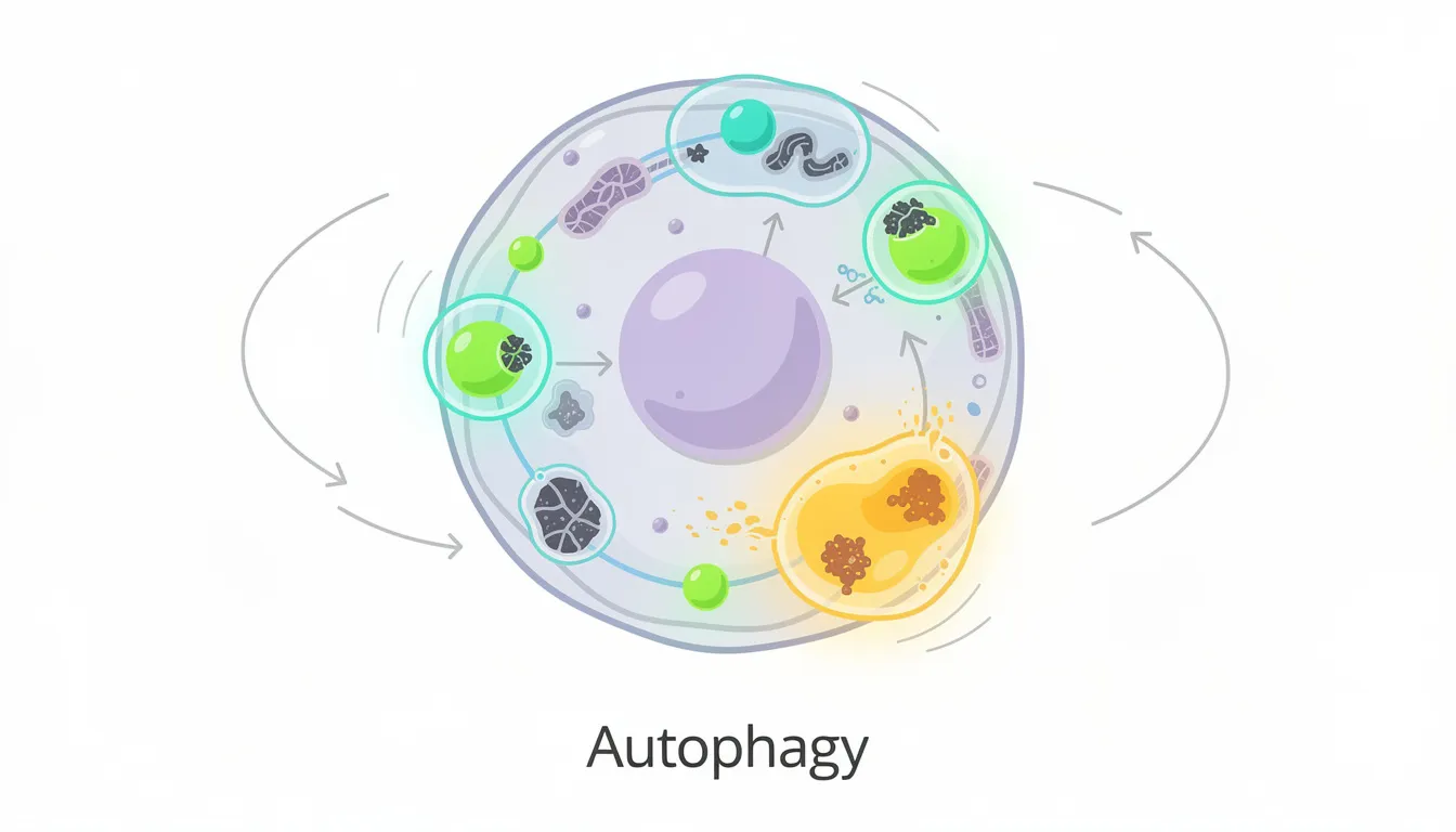This simplified illustration depicts a cell with glowing vesicles actively engulfing and breaking down damaged components, symbolizing the autophagy process crucial for cellular health and renewal. The image emphasizes the importance of cellular repair in maintaining longevity and reducing oxidative stress, vital for human health and combating age-related diseases.