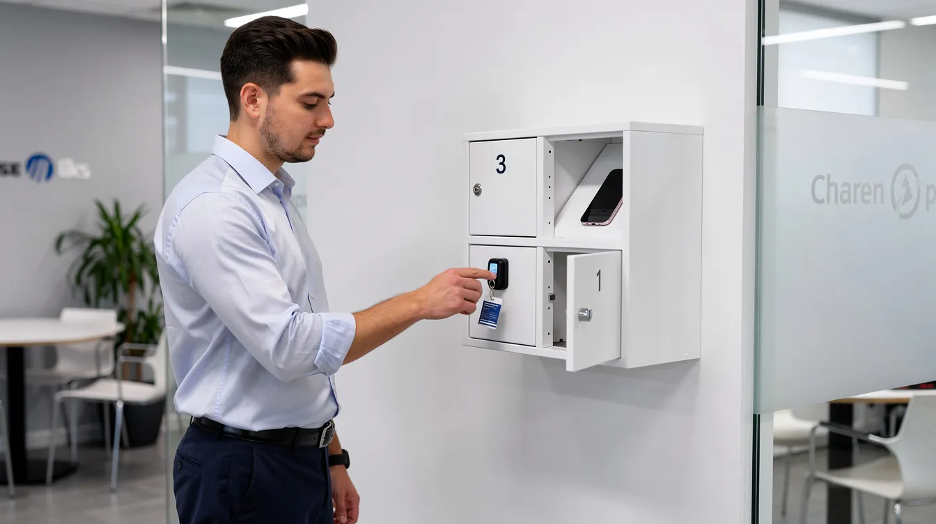 A person is using an RFID badge to unlock a small phone locker in a clean corporate office environment, showcasing a smart locker system designed for secure storage of personal devices. The locker is part of a modern office setup that emphasizes convenience and organization for employees.