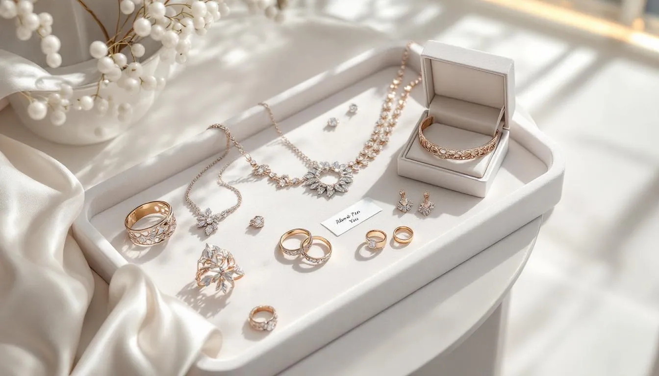 The image showcases an elegant display of sparkling jewellery and luxurious gift sets from Saras Beads & Jewellery, highlighting a carefully curated collection ideal for special occasions. The assortment includes necklaces, bespoke accessories, and beautifully wrapped gifts, perfect for celebrating birthdays or treating a loved one.