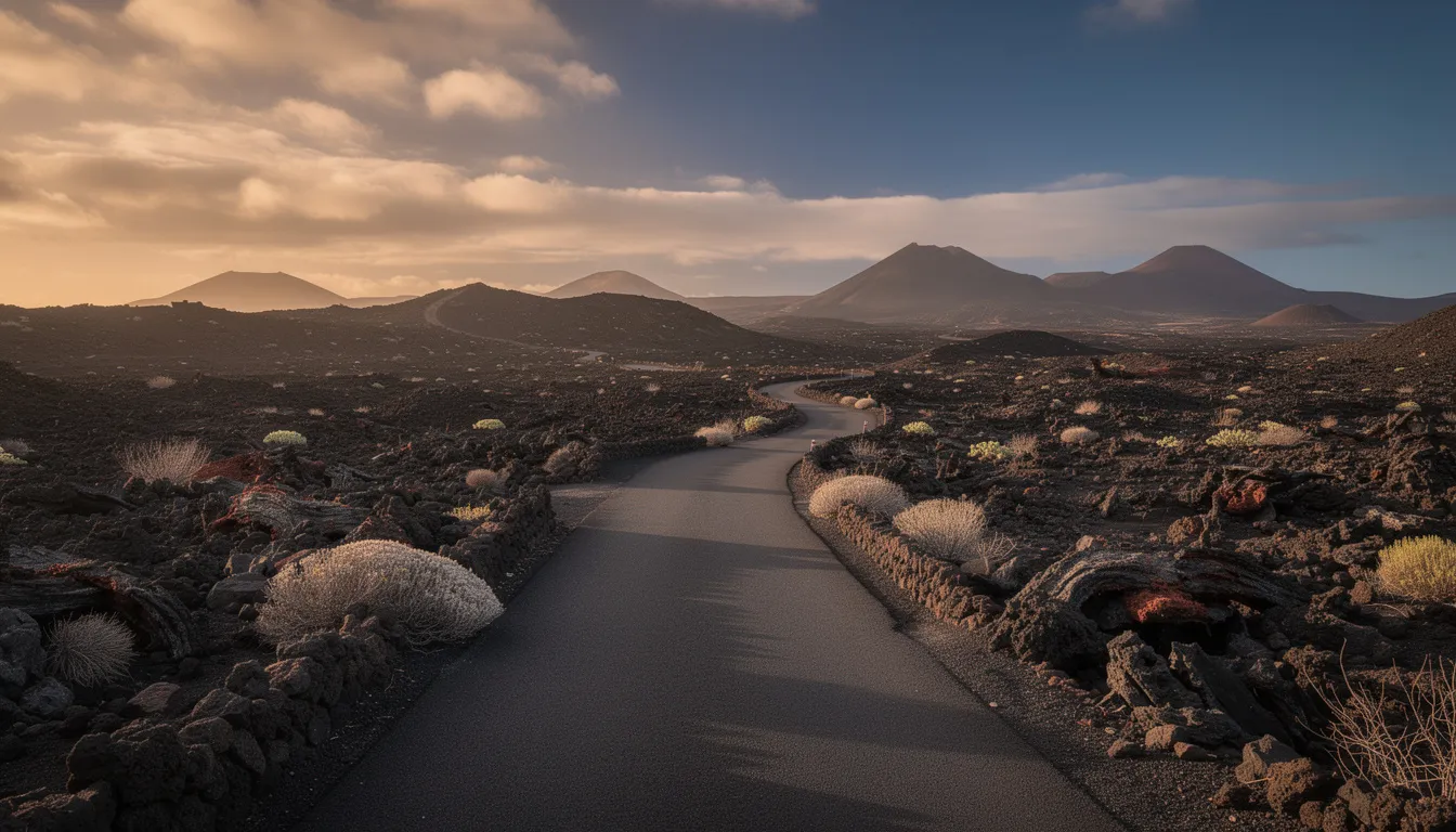 Un paysage volcanique de Lanzarote se dévoile, avec une route sinueuse serpentant à travers des champs de lave noire. Ce décor impressionnant évoque la beauté brute de l'île, idéale pour une location de voiture afin d'explorer des lieux tels que le parc national de Timanfaya.