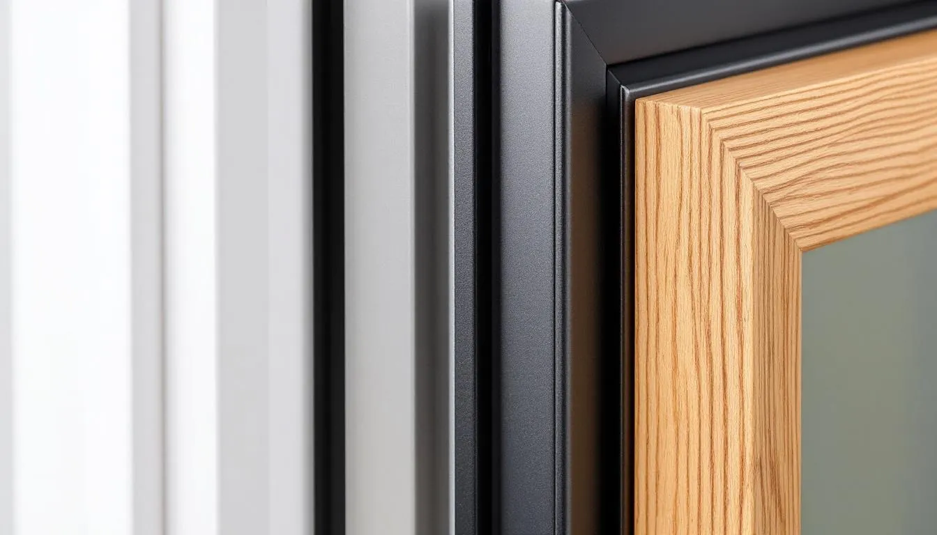 L'image présente une comparaison visuelle des trois principaux matériaux de fenêtres : un cadre en PVC blanc, un cadre en aluminium anthracite et un cadre en bois naturel, mettant en avant leurs textures et couleurs distinctes. Cette illustration souligne le choix varié pour les fenêtres, essentiel pour les projets de rénovation ou de construction à Nantes et dans la Loire-Atlantique.