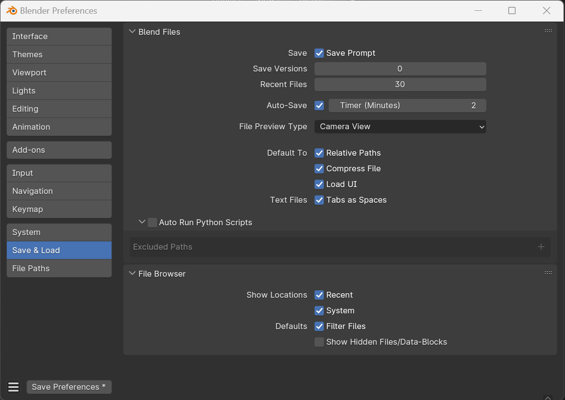 The Save & load panel on Blender Preferences