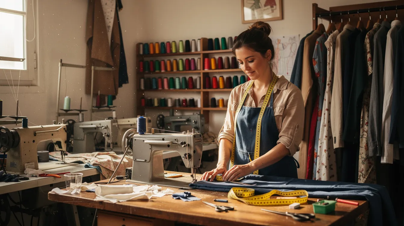 A woman entrepreneur is focused on her work in a small tailoring workshop, surrounded by sewing machines and fabric. This setting reflects the spirit of micro businesses in India, where financial assistance from institutions like micro finance institutions and small finance banks can help expand operations through schemes like the Pradhan Mantri Mudra Yojana.