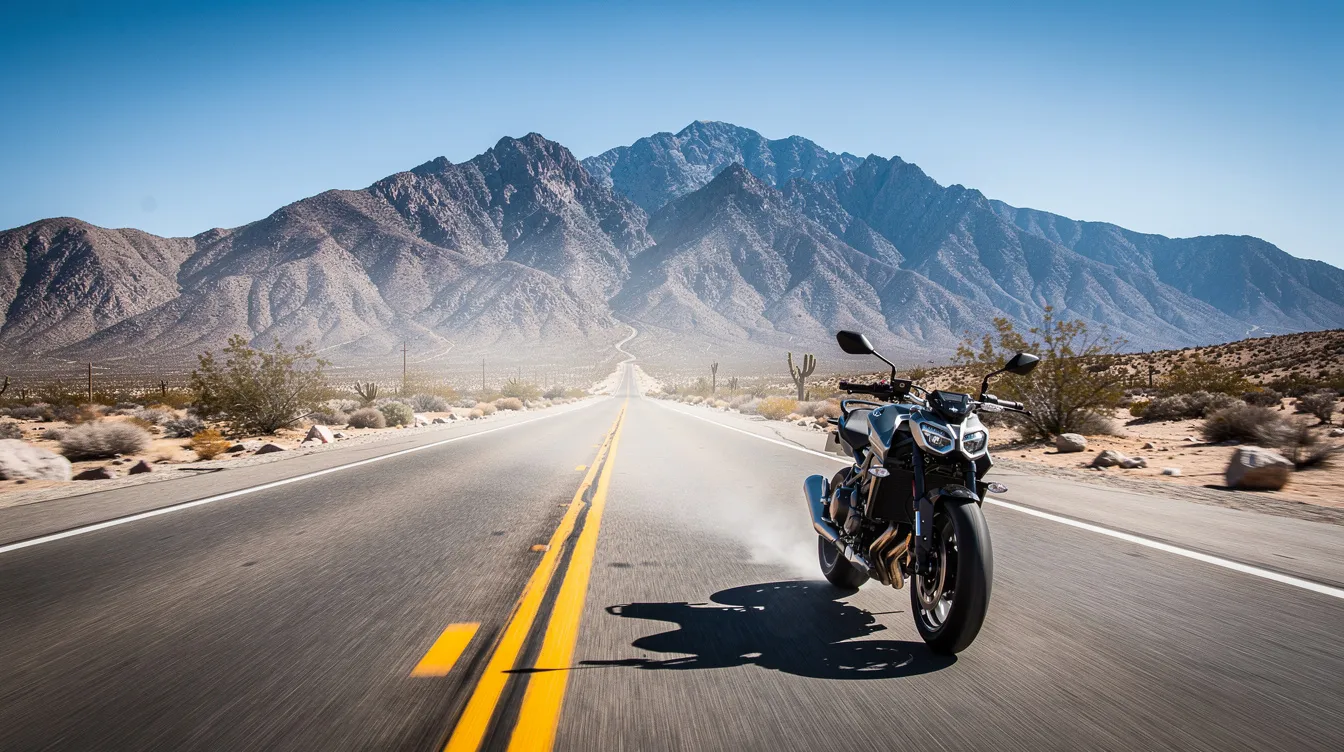 A motorcycle is riding along a deserted highway with majestic mountains in the background, showcasing the freedom of the open road. This scene highlights the importance of safety for motorcycle riders, as they face risks such as serious injuries and motorcycle accidents on California roads.