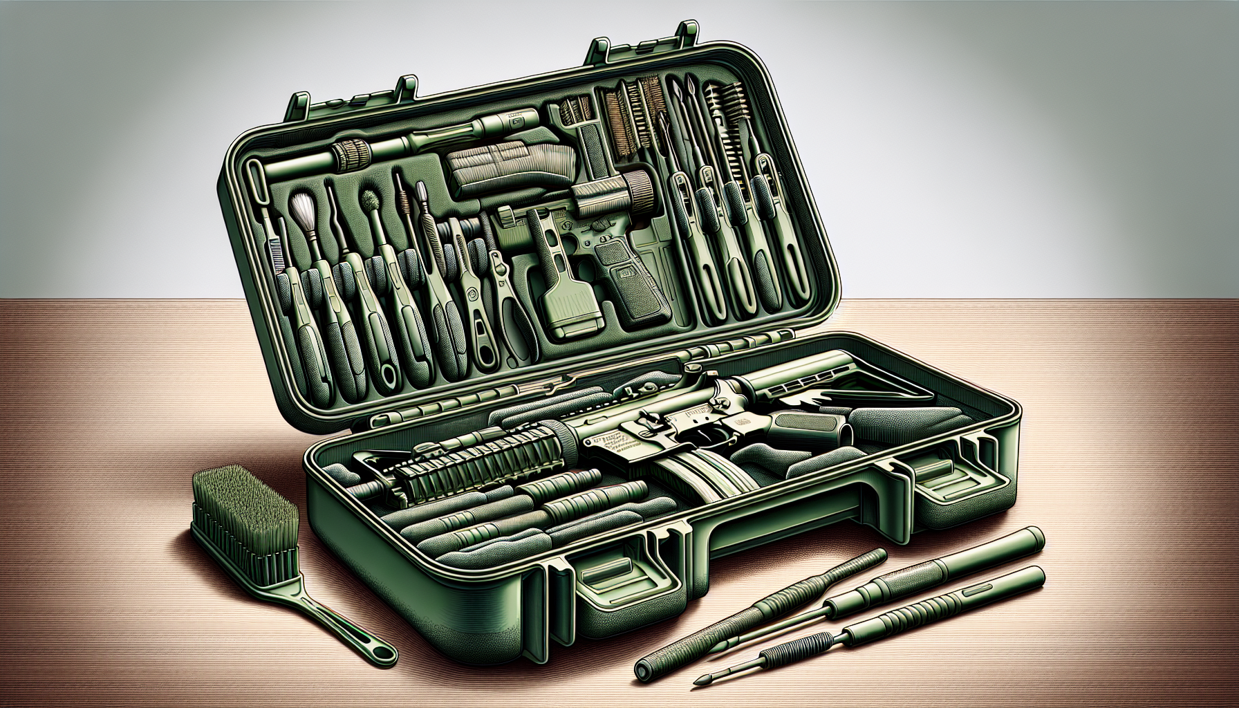 Illustration of a compact case with organized cleaning tools